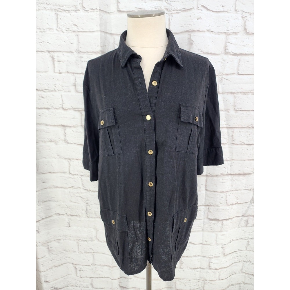 Jaclyn Smith Linen Blend Shirt Button Black Safari Lagenlook Summer Chic Sz XXL